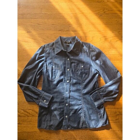 St John Cotton & Cashmere Denim Chambray Long Sleeve Button Down Shirt Size 8 - Picture 1 of 7